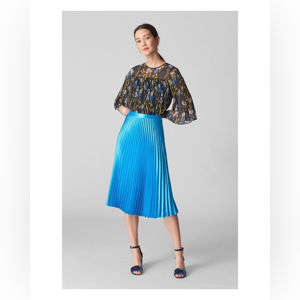 Whistles Blue Metallic Midi Pleated A-Line Skirt